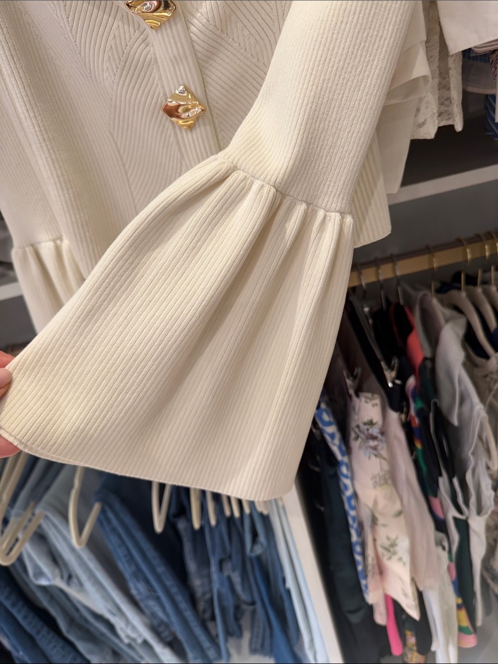 Self-Portrait Cream Ribbed Button-Front Knit Top - Picture 8 of 11